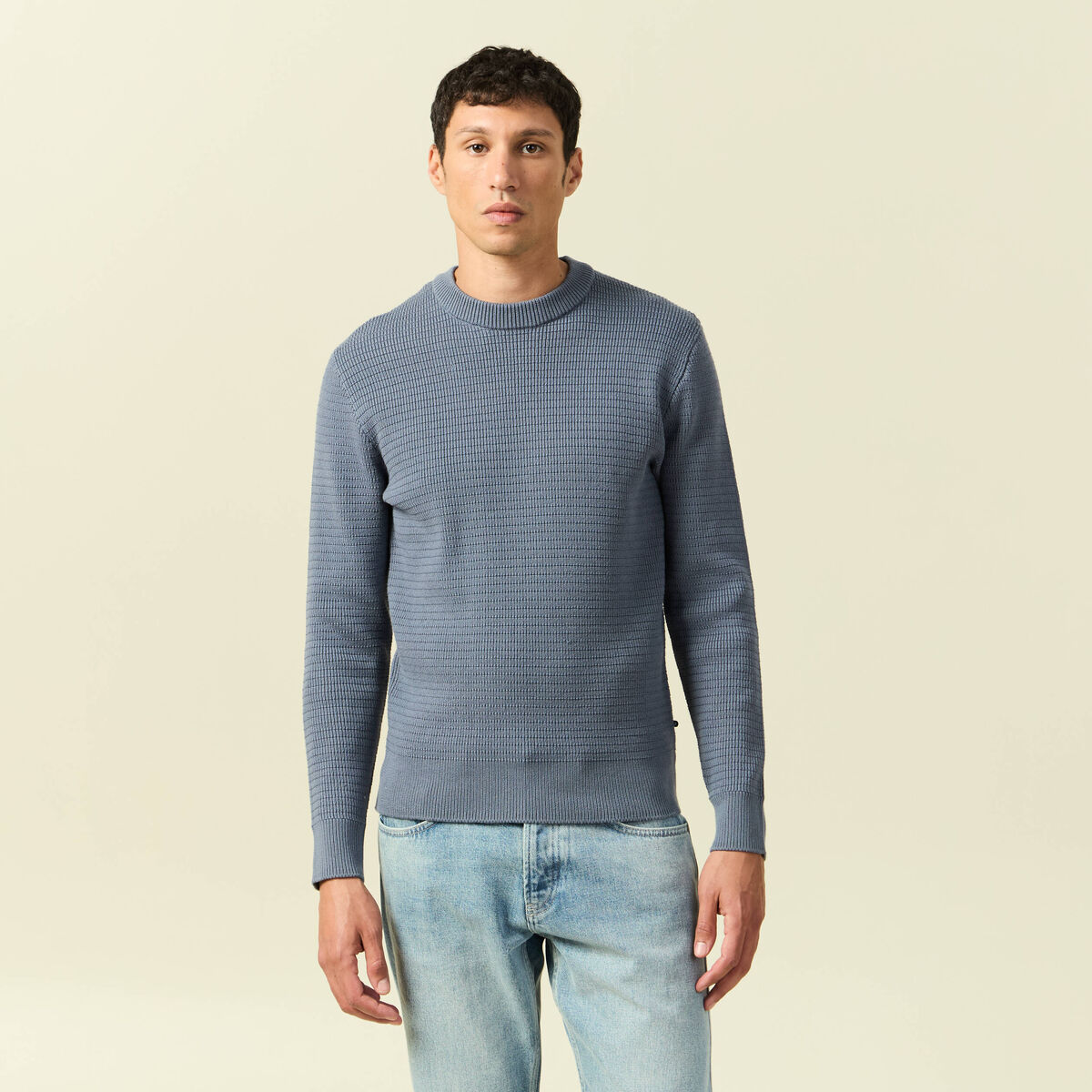 Pull col rond manches longues bleu gris homme