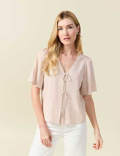 Blouse manches courtes nouée marron clair femme