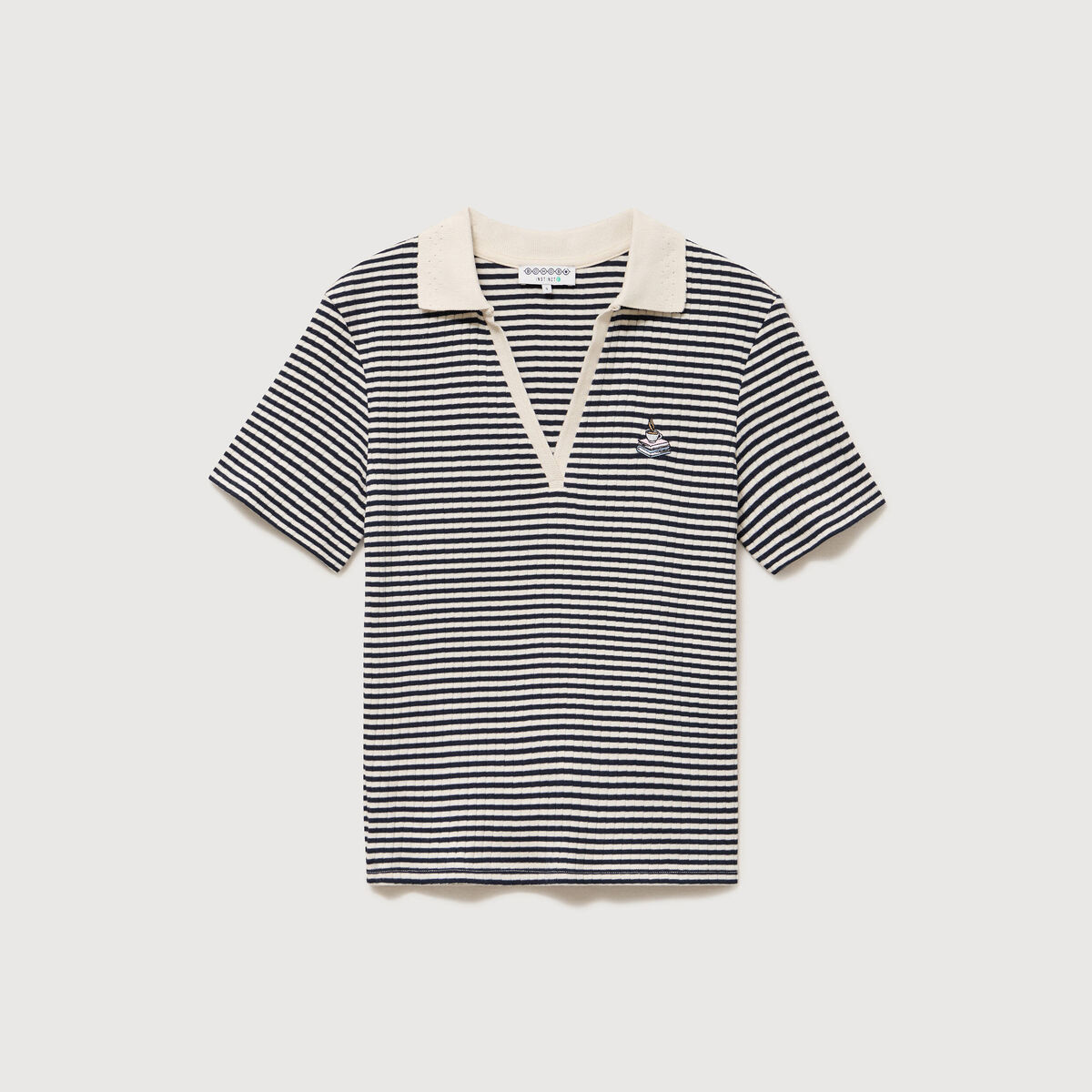Polo ray&eacute; en coton manches courtes ecru femme