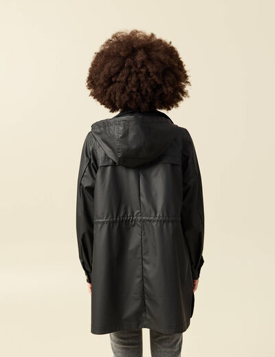 Parka longue droite d&eacute;perlante &agrave; capuche noir femme
