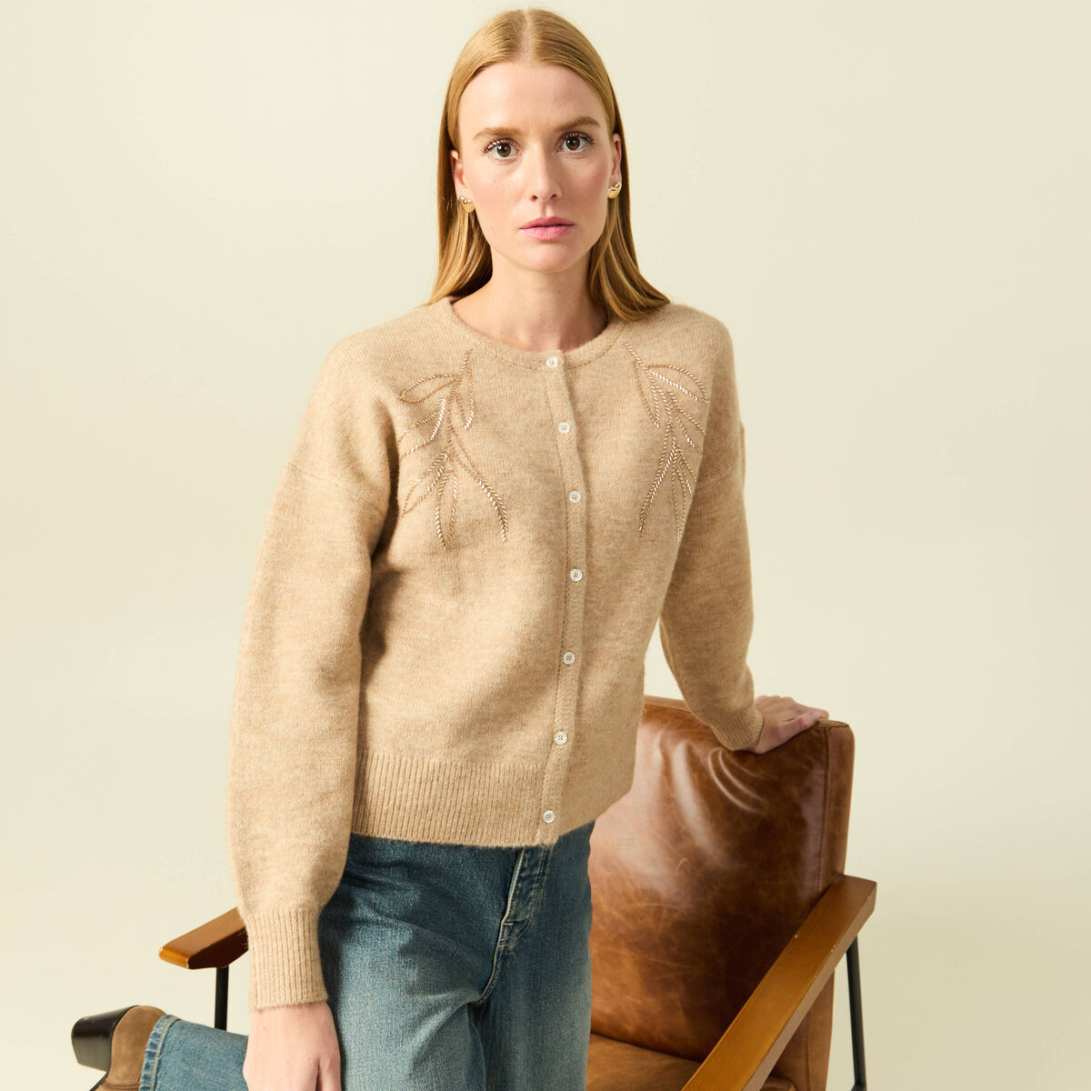 Gilet manches longues col rond creme femme