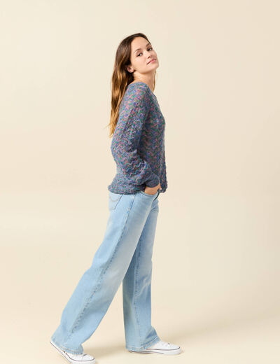 Pull manches longues ajouré bleu gris femme