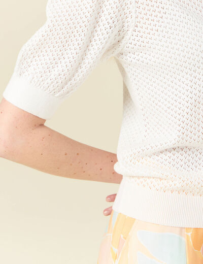 Pull manches courtes ajouré creme femme