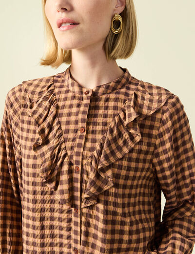 Chemise &agrave; volants manches longues marron fonc&eacute; femme