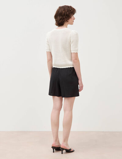 Pull ajour&eacute; droit court manches courtes creme femme