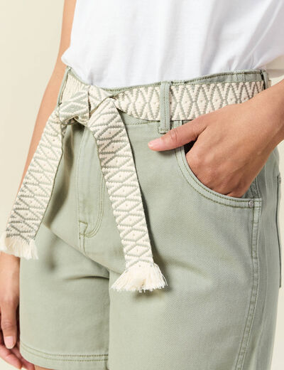 Short boyfriend ceinturé jean vert kaki femme