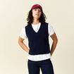 Pull sans manches col en V bleu marine femme