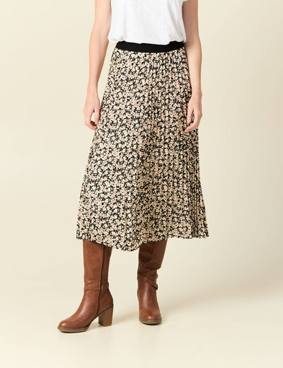 Jupe midi évasée plissée noir femme