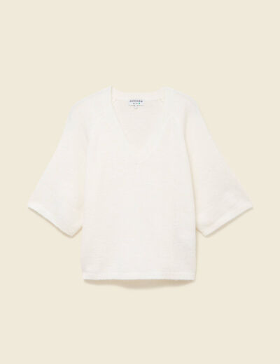 Pull col v manches 3/4 ecru femme
