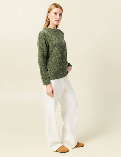 Pull manches longues ajouré vert kaki femme