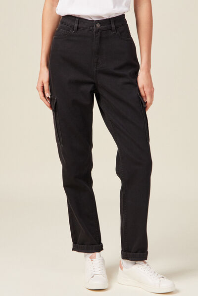 Jeans cargo taille haute denim noir femme