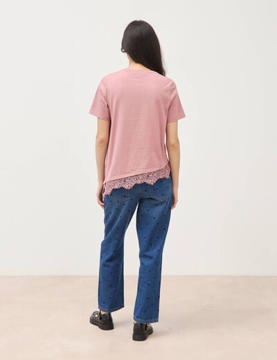 T-shirt droit col rond avec dentelle vieux rose femme