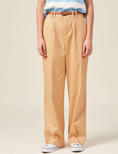 Pantalon large ceinture pinces marron clair femme