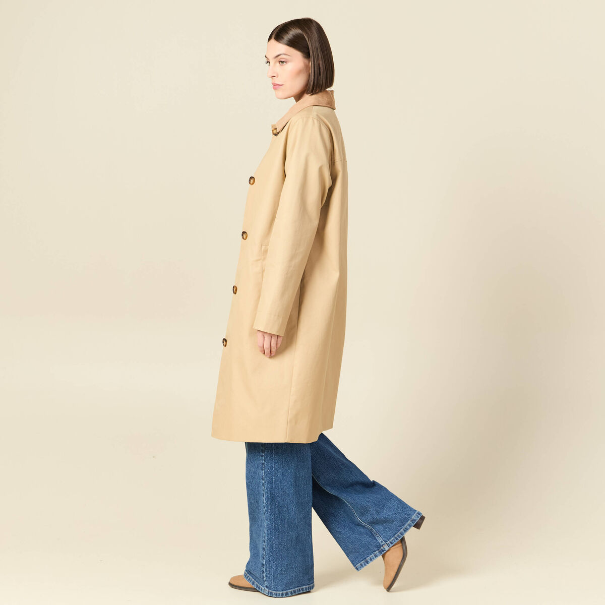 Imperm&eacute;able long droit col tailleur beige femme