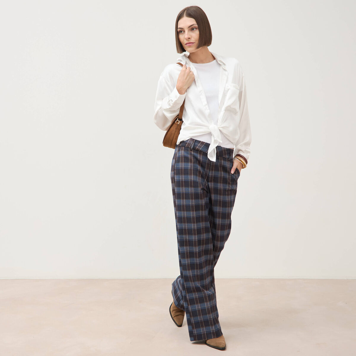 Pantalon flare &agrave; carreaux taille haute bleu gris femme