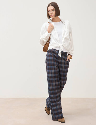 Pantalon flare &agrave; carreaux taille haute bleu gris femme