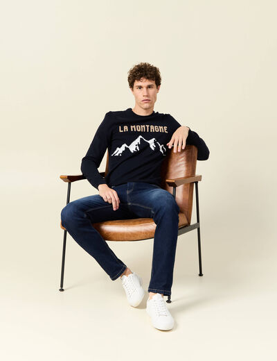 Pull col rond manches longues en coton bleu fonc&eacute; homme