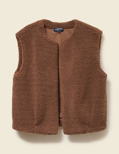 Gilet sans manches bouclette col rond marron femme