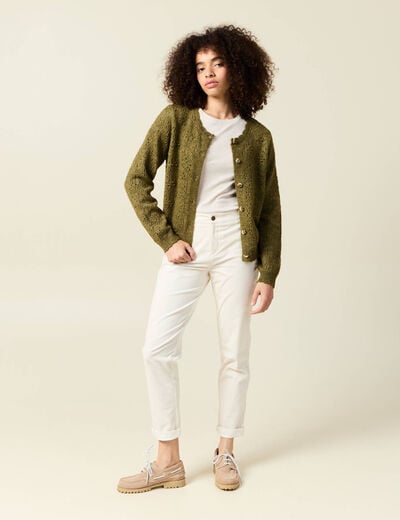 Gilet manches longues col rond vert kaki femme