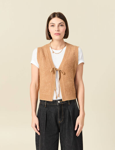 Gilet sherpa droit sans manches beige femme
