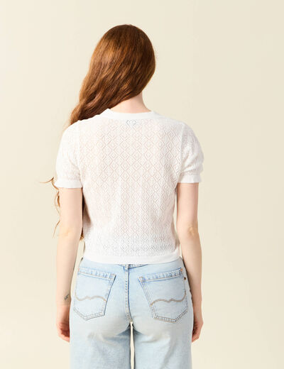 Gilet manches courtes ajouré ecru femme