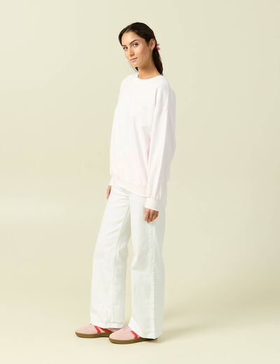 Sweat oversize manches longues brod&eacute; rose poudr&eacute;e femme
