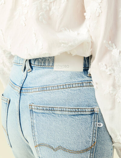 Jeans straight 7/8&egrave;me taille haute denim bleach femme