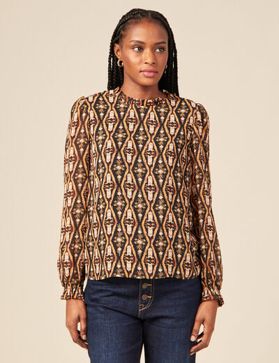 Blouse cintr&eacute;e manches longues col rond camel femme