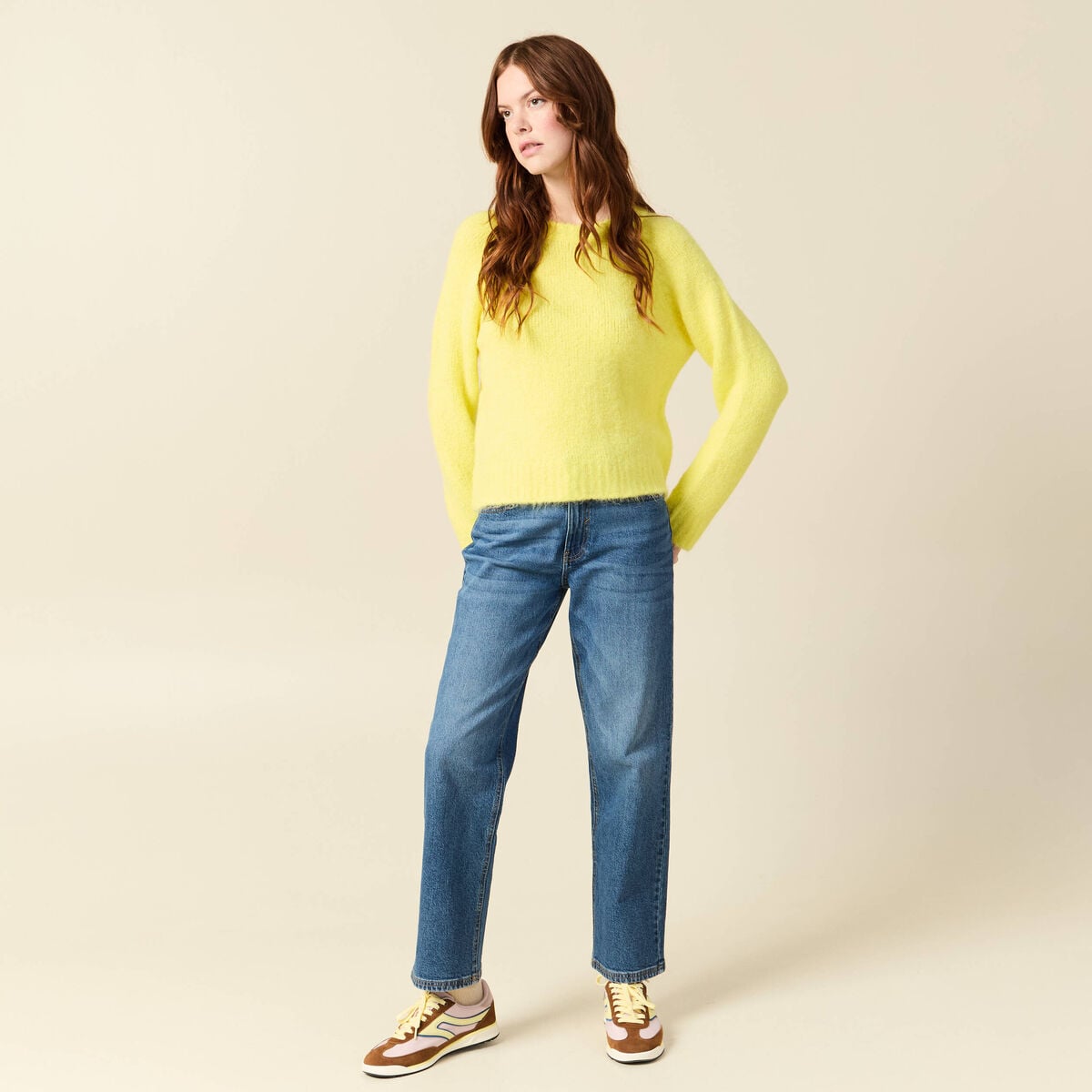 Pull manches longues col rond jaune femme