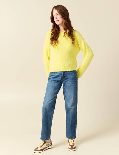 Pull manches longues col rond jaune femme