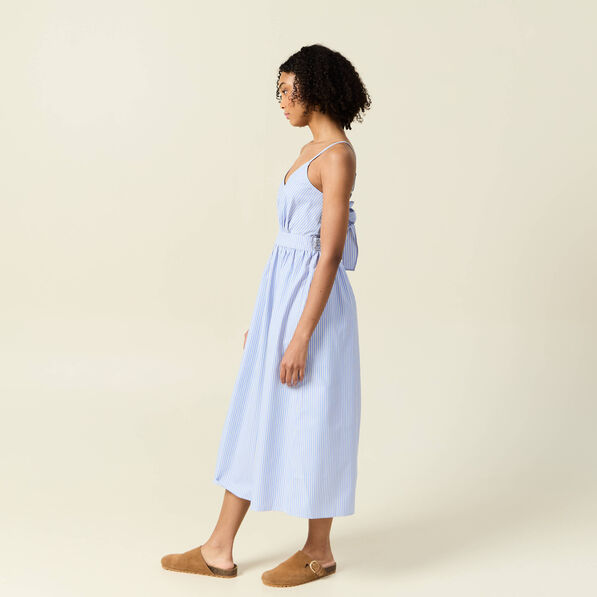 Robe longue trapèze bleu ciel femme