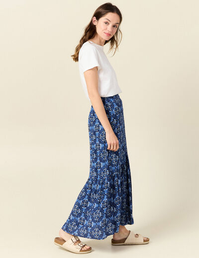 Jupe longue évasée fluide bleu femme