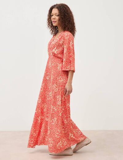 Robe col v manches longues rouge corail femme