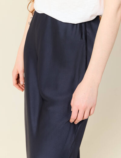Jupe longue droite satin bleu marine femme