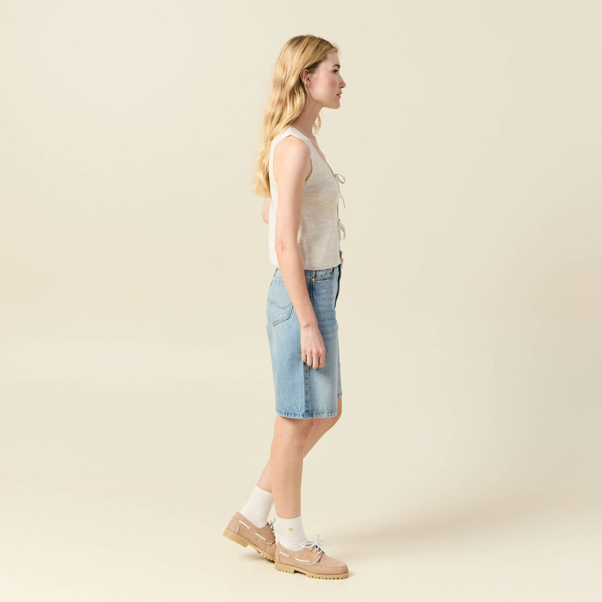 Débardeur tricot noué creme femme