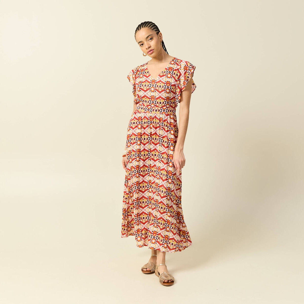 Robe longue &eacute;vas&eacute;e col v manches courtes bordeaux femme
