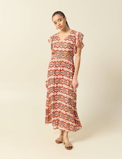 Robe longue &eacute;vas&eacute;e col v manches courtes bordeaux femme