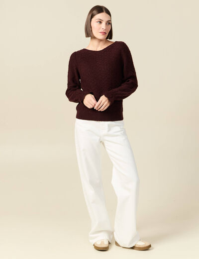 Pull ajour&eacute; col bateau manches longues prune femme