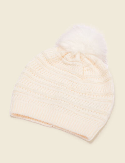 Bonnet à pompon ecru femme