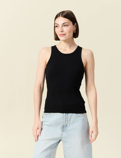 Débardeur cintré court col rond noir femme
