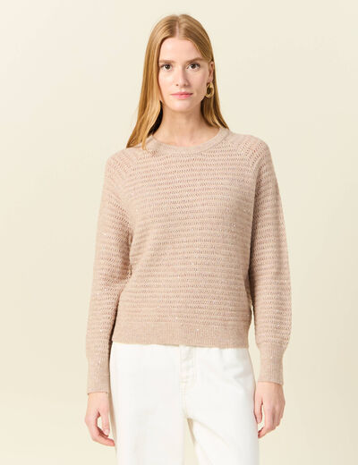 Pull manches longues sequins rose clair femme