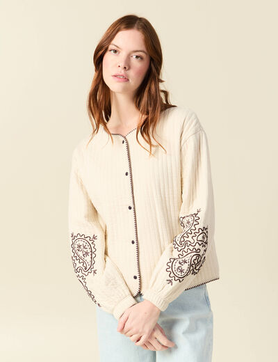 Cardigan droit court col rond brod&eacute; ivoire femme