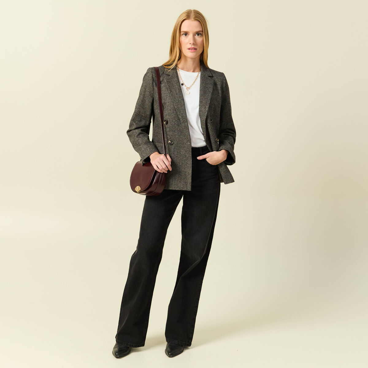 Blazer col tailleur manches longues gris fonc&eacute; femme