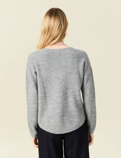 Pull manches longues col en V gris clair femme