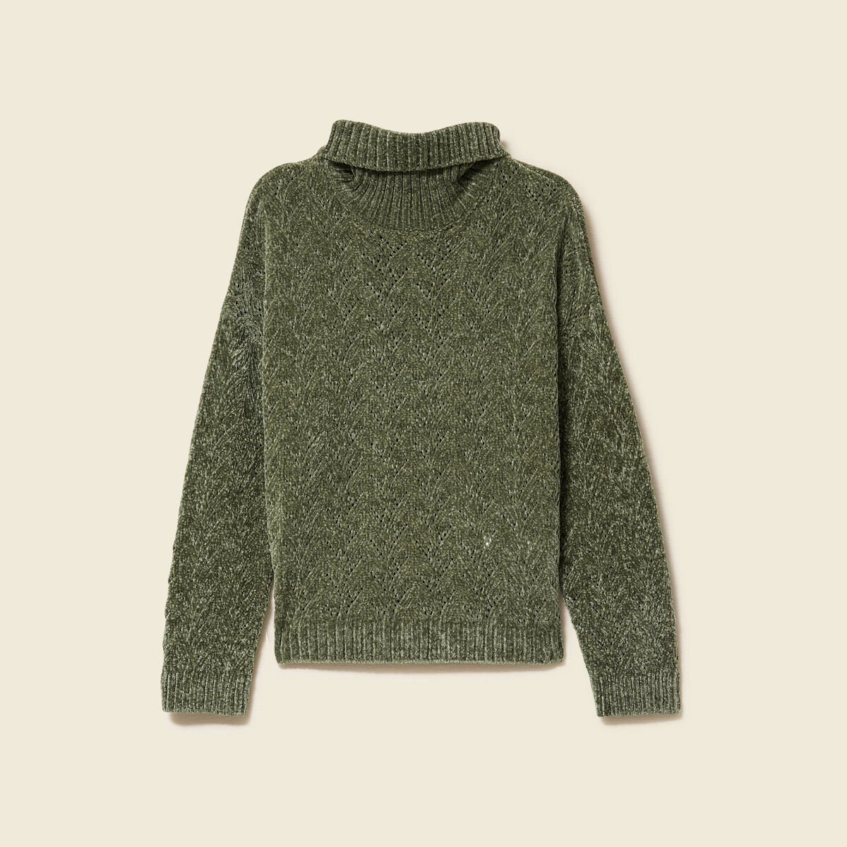 Pull col roul&eacute; manches longues vert kaki femme