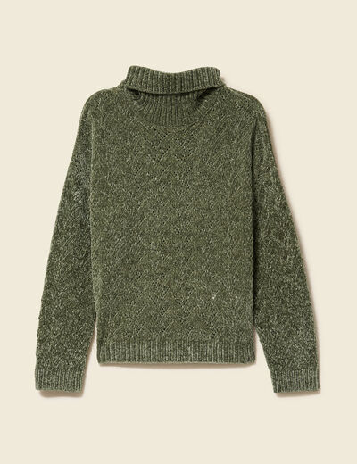 Pull col roul&eacute; manches longues vert kaki femme