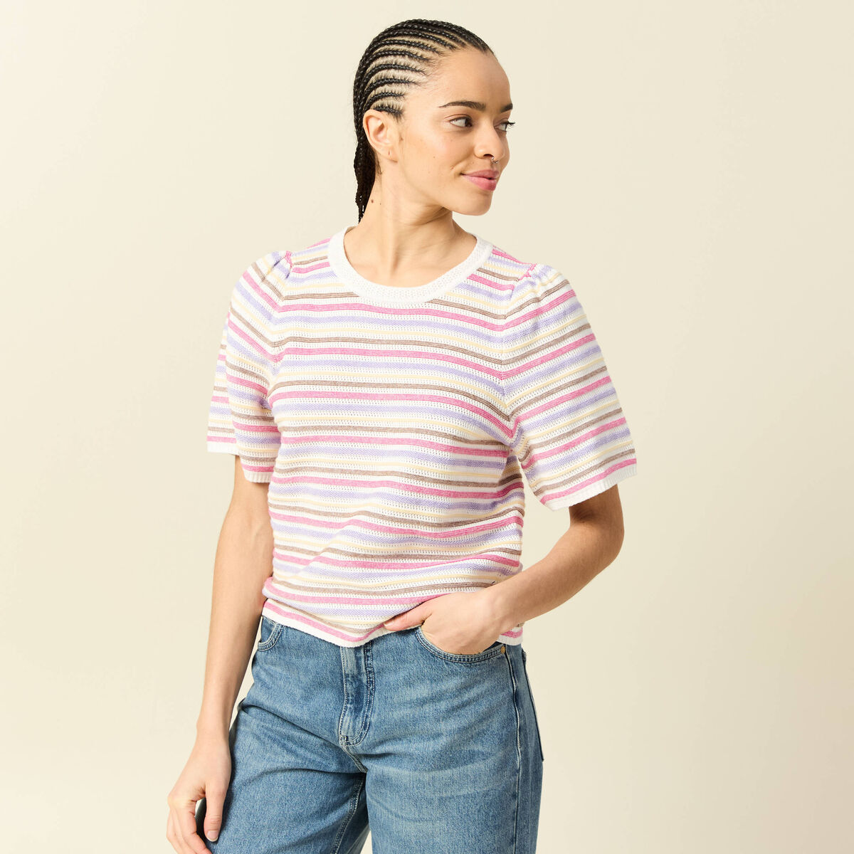 Pull droit court col rond manches coude violet clair femme