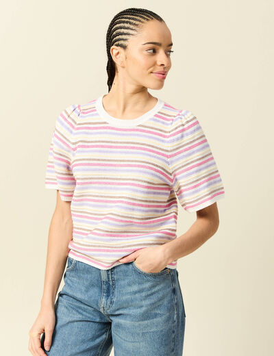 Pull droit court col rond manches coude violet clair femme