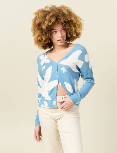 Gilet manches longues col en V bleu gris femme