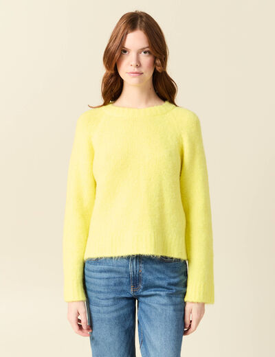 Pull manches longues col rond jaune femme